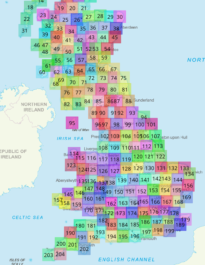 Map showing boundaries of Ballooning Maps numbered maps.